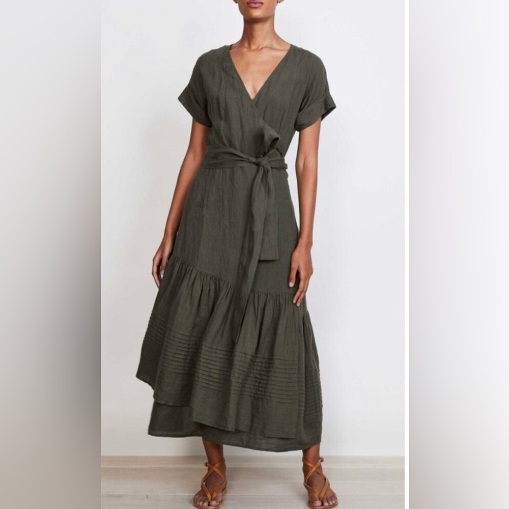 Apiece Apart Amaro Wrap Dress - Olive Linen Midi Dress